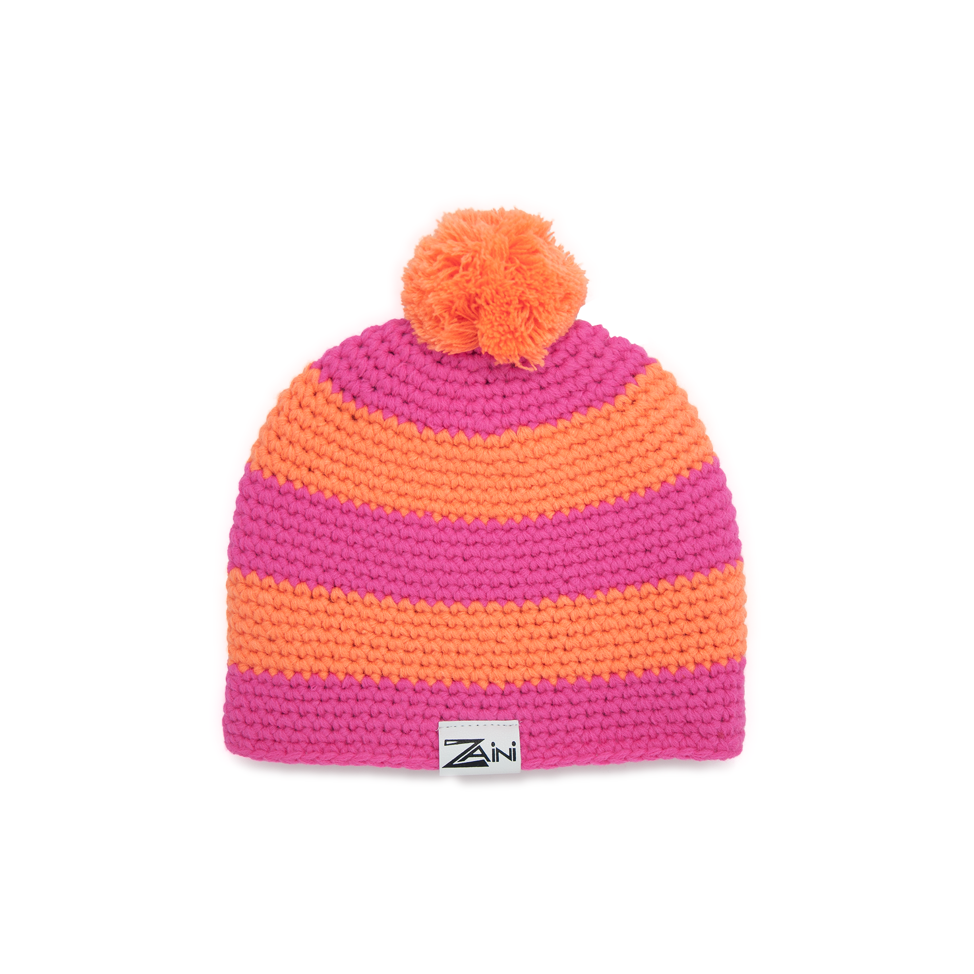A striped bobble hat with hot pink and vibrant orange colors, handmade from soft acrylic, designed for kids.