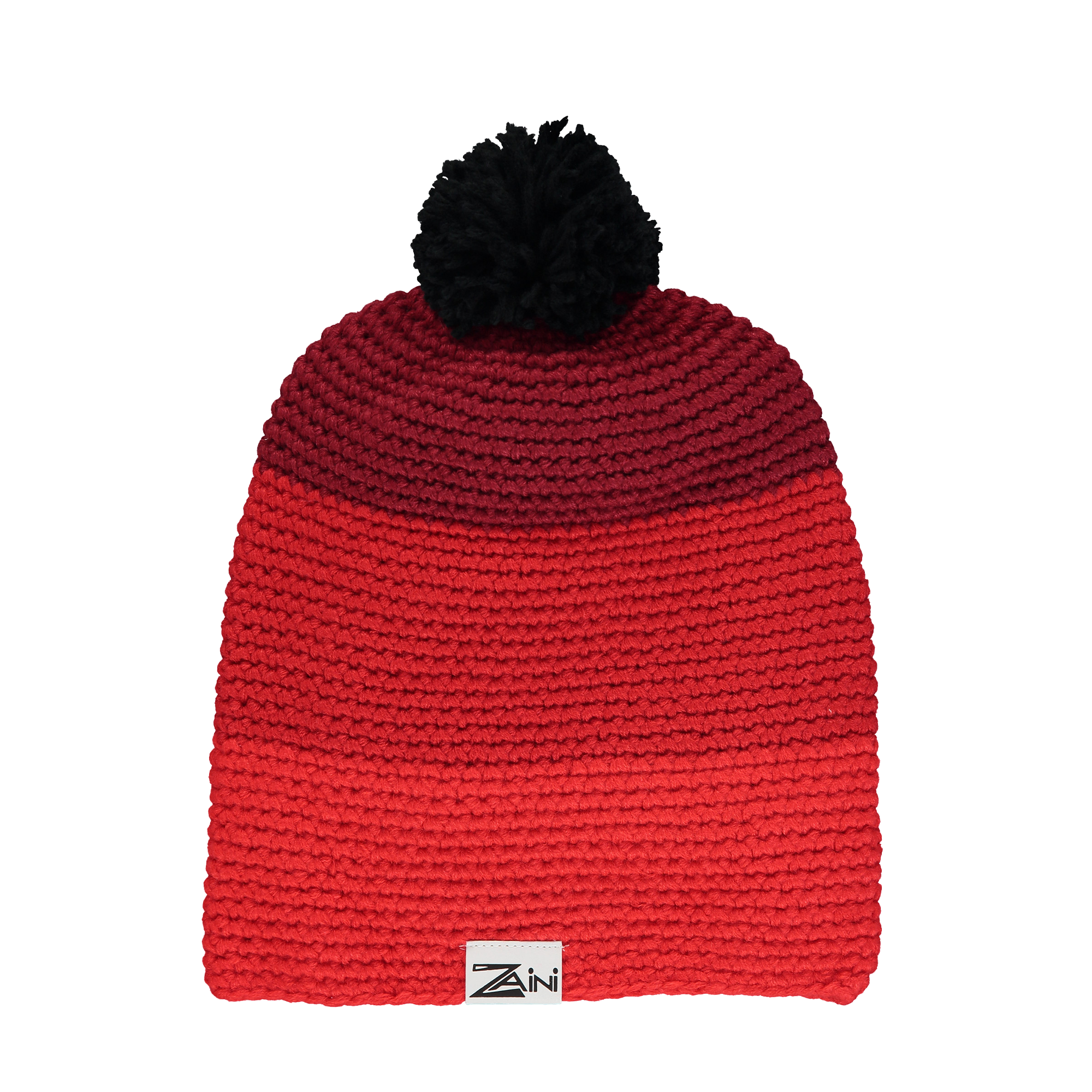A striped red and black bobble hat with a black pom-pom on top, designed for adults.