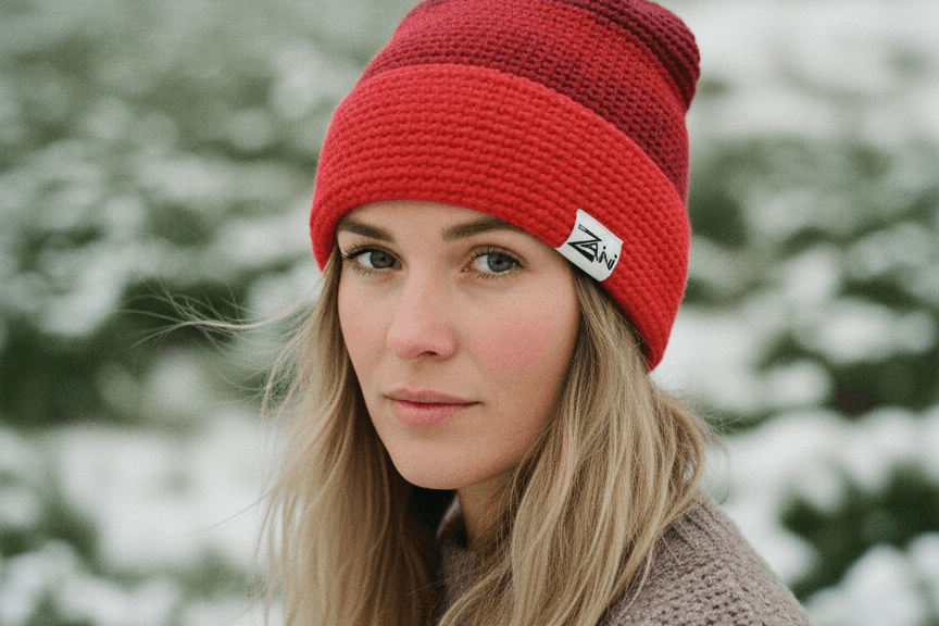 Person wearing a red knit beanie with a pom-pom in a snowy landscape