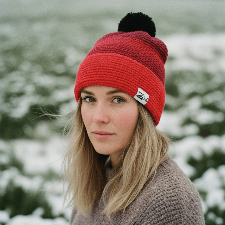 Person wearing a red knit beanie with a pom-pom in a snowy landscape