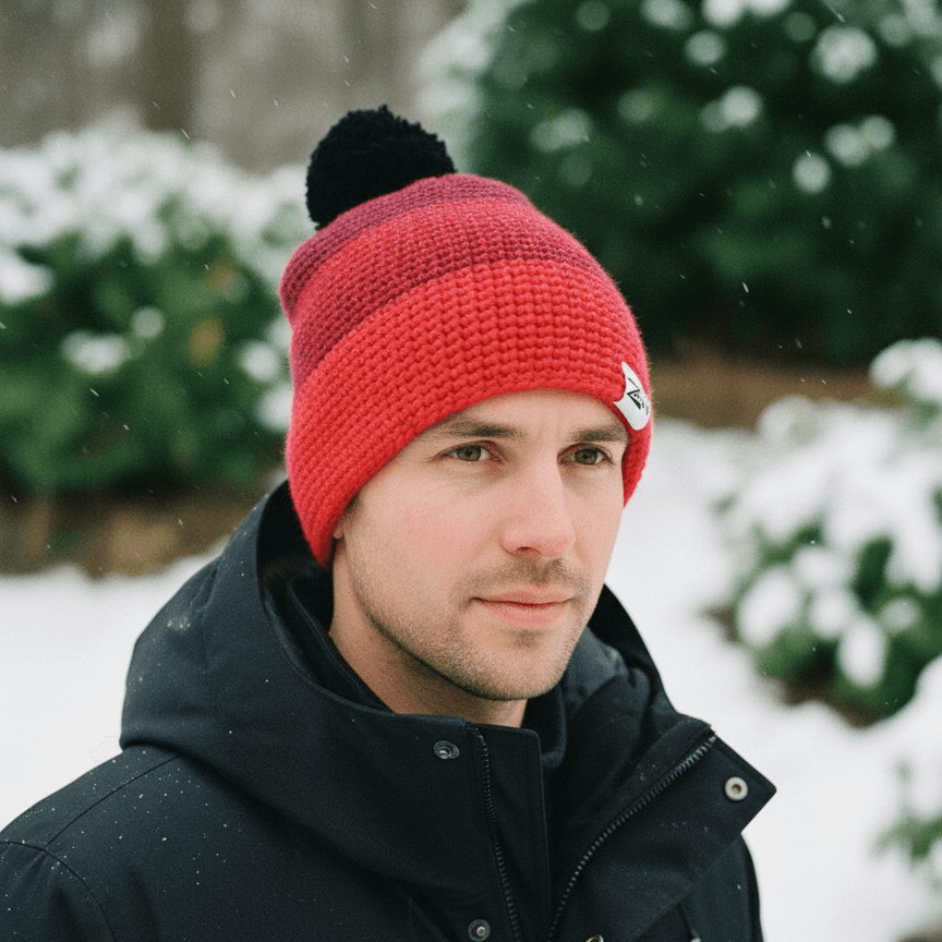 Man wearing a red knit beanie with a black pom-pom in a snowy outdoor setting
