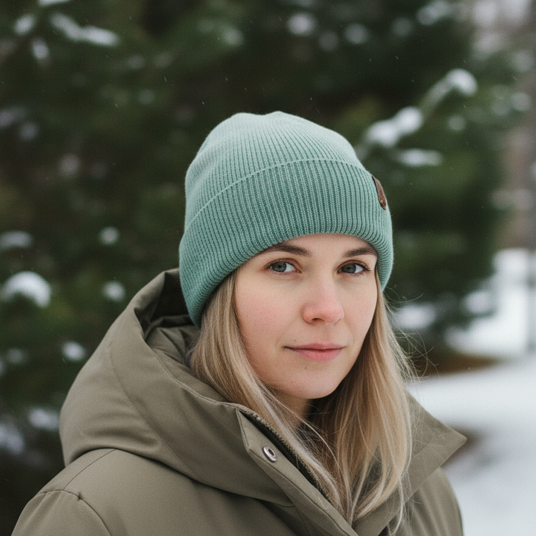Person wearing a green beanie and coat in a snowy forest setting