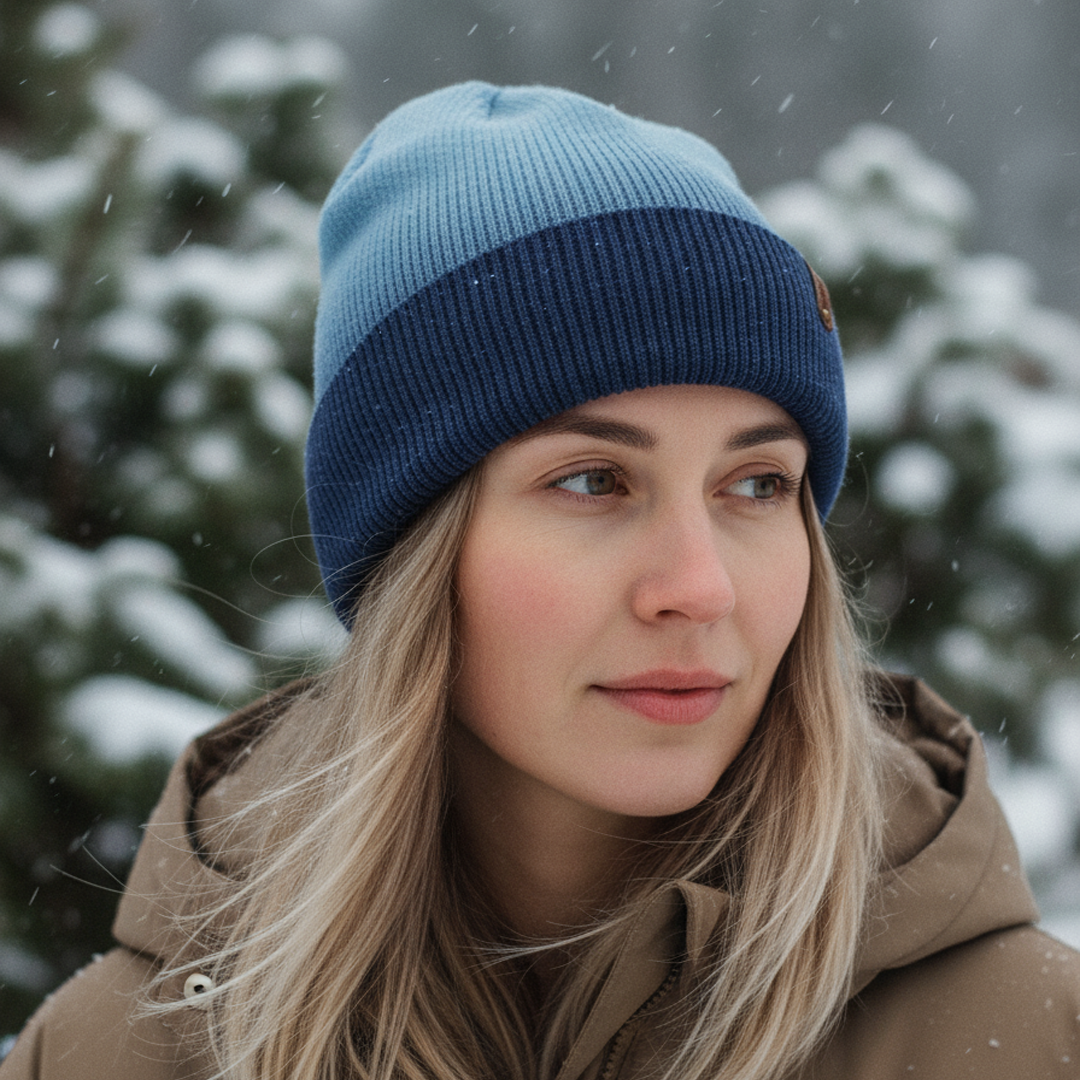 Woman wearing a blue and navy striped beanie in a snowy forest setting