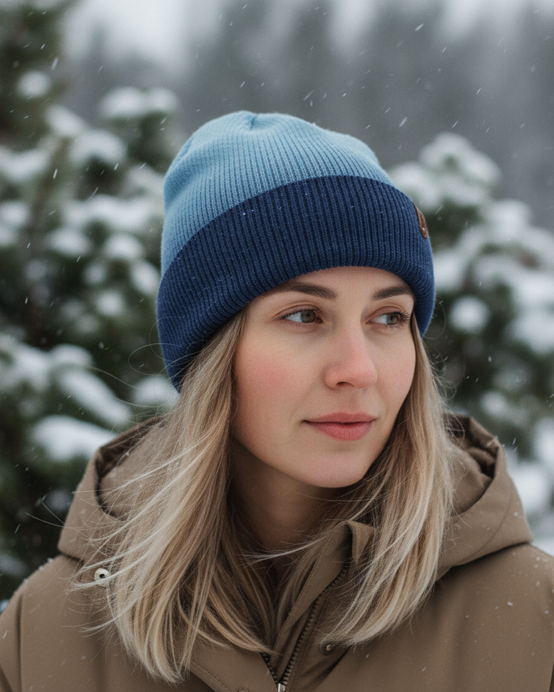 Woman wearing a blue and navy striped beanie in a snowy forest setting