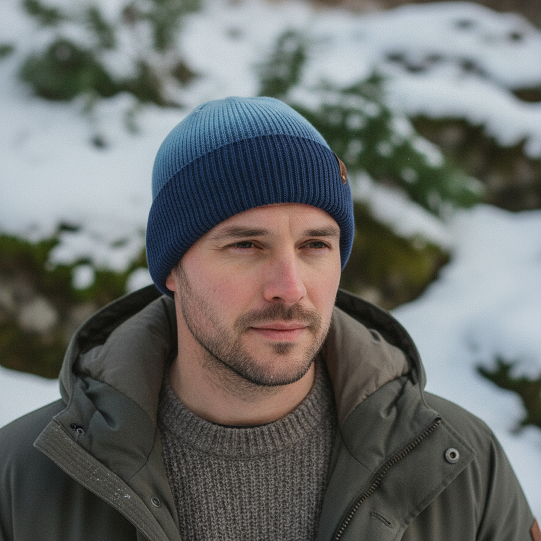 Man wearing a blue knit beanie and winter coat in a snowy forest setting
