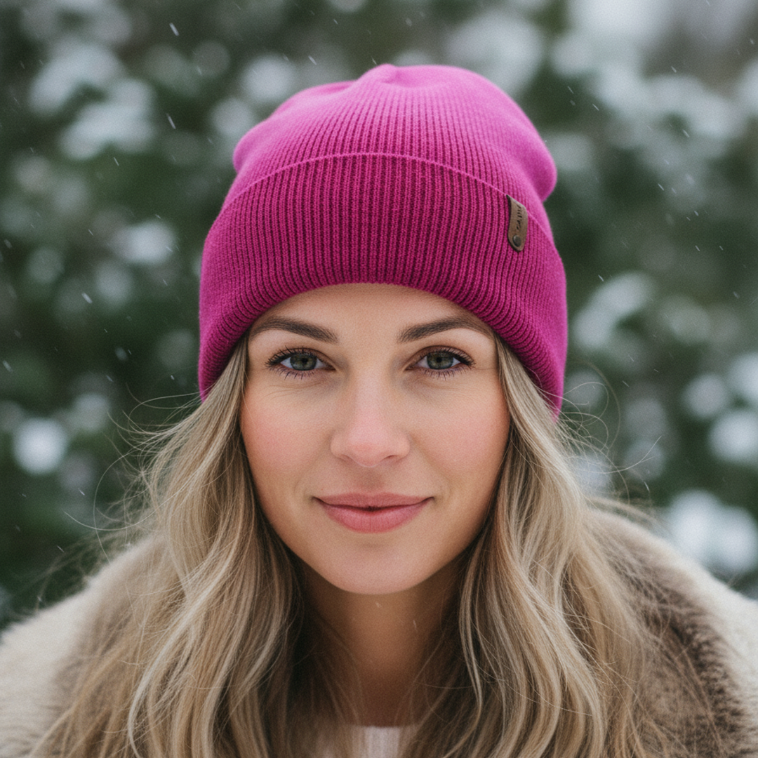 Woman wearing a pink beanie in a snowy forest setting