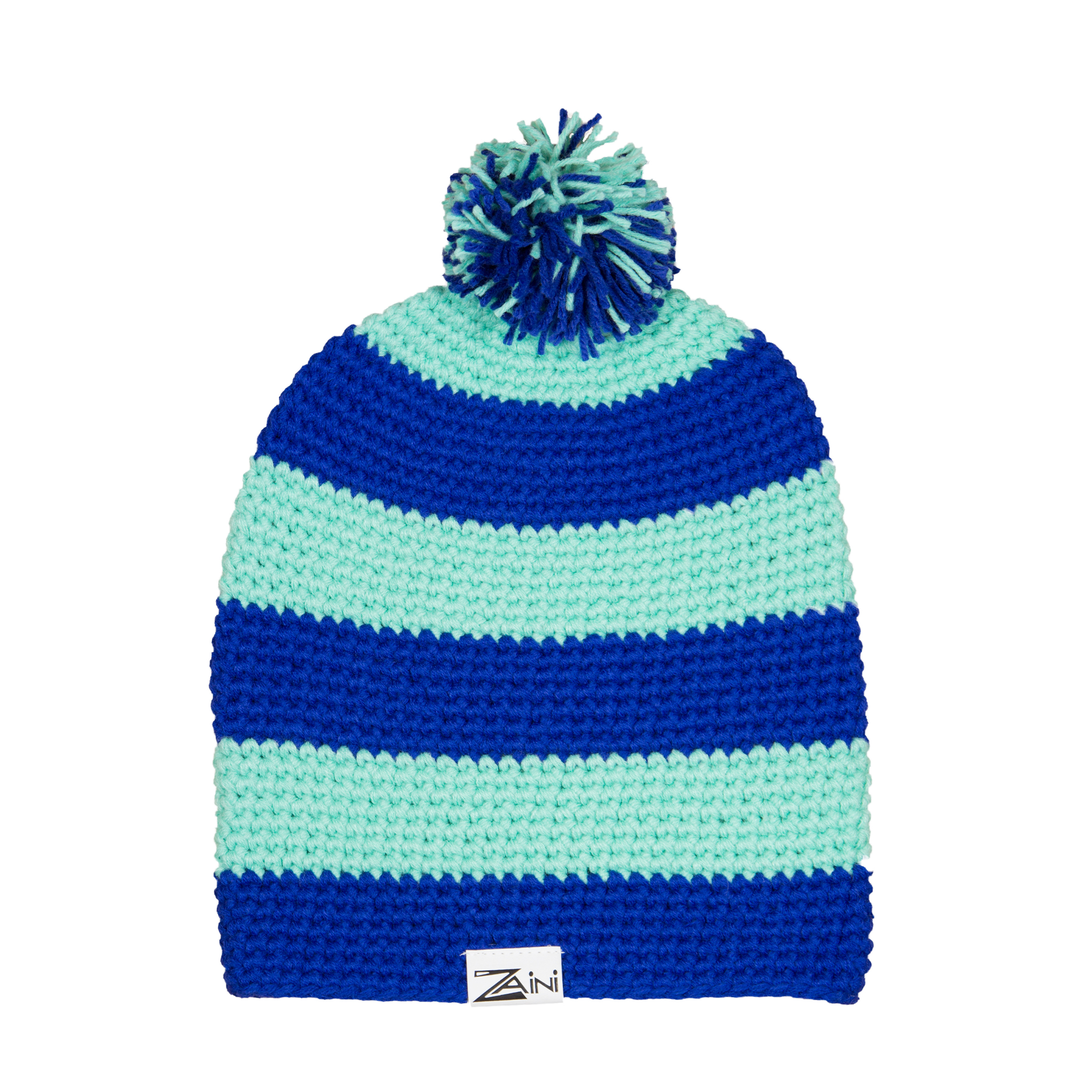 A striped bobble hat with blue and green colors, handmade from soft acrylic, with a pom-pom on the top.
