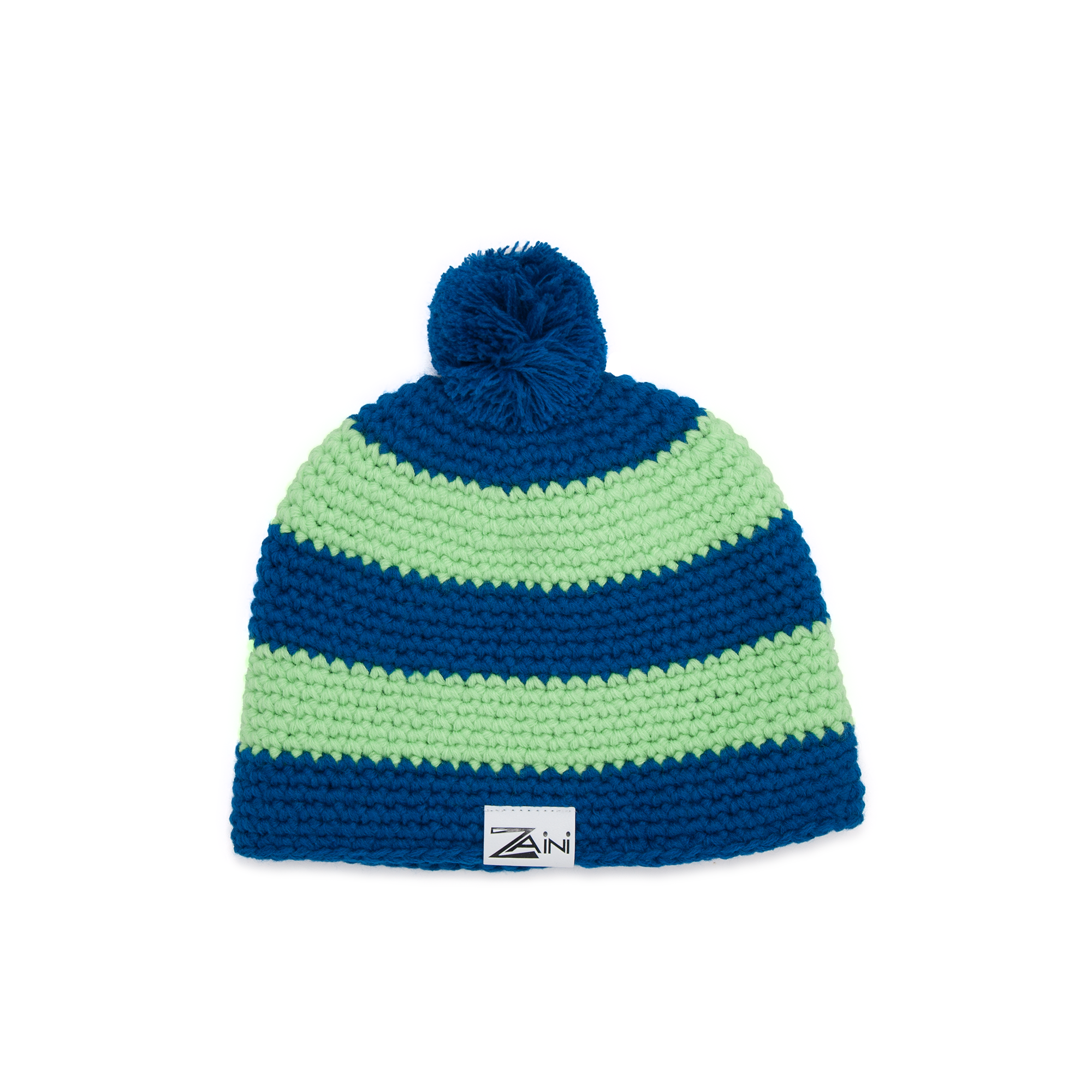 A striped navy and green bobble hat designed for kids.