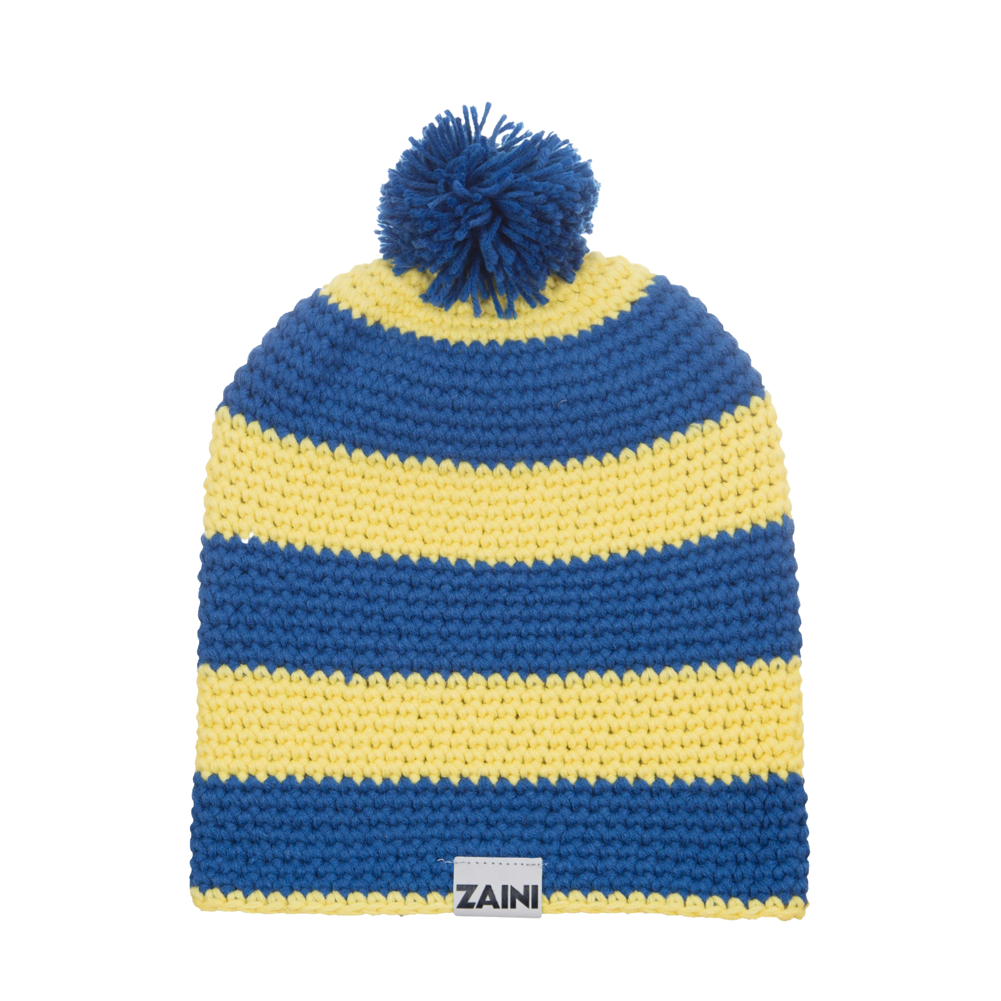 A striped bobble hat with yellow and blue colors, branded with 'ZAINI' on the front.