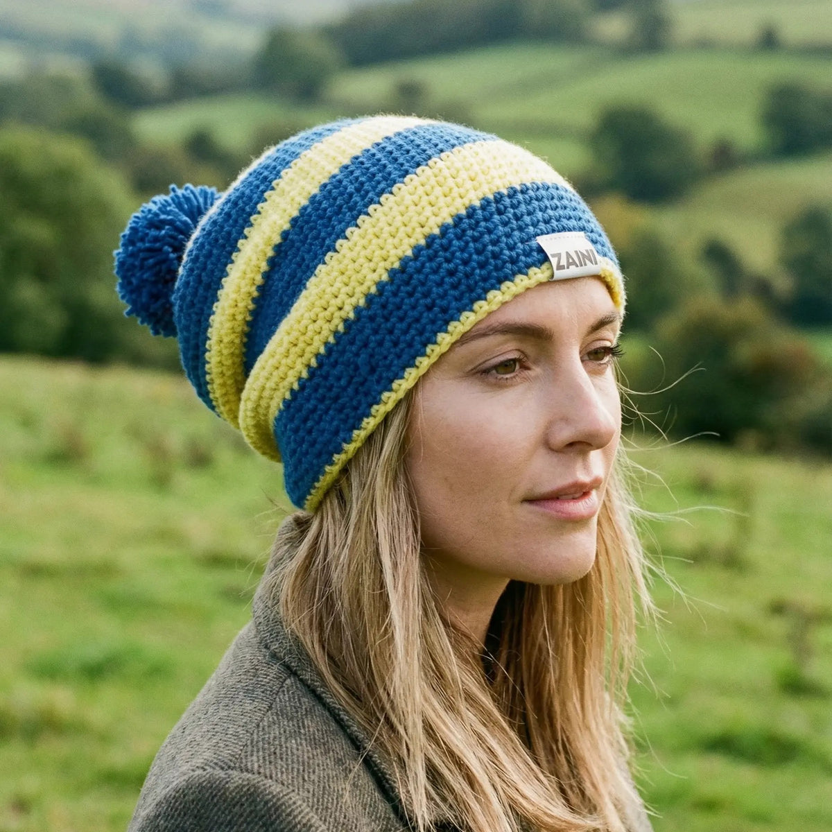 Wallace Beanie Bobble Hat - Yellow and Blue | Zaini Hats display picture 2