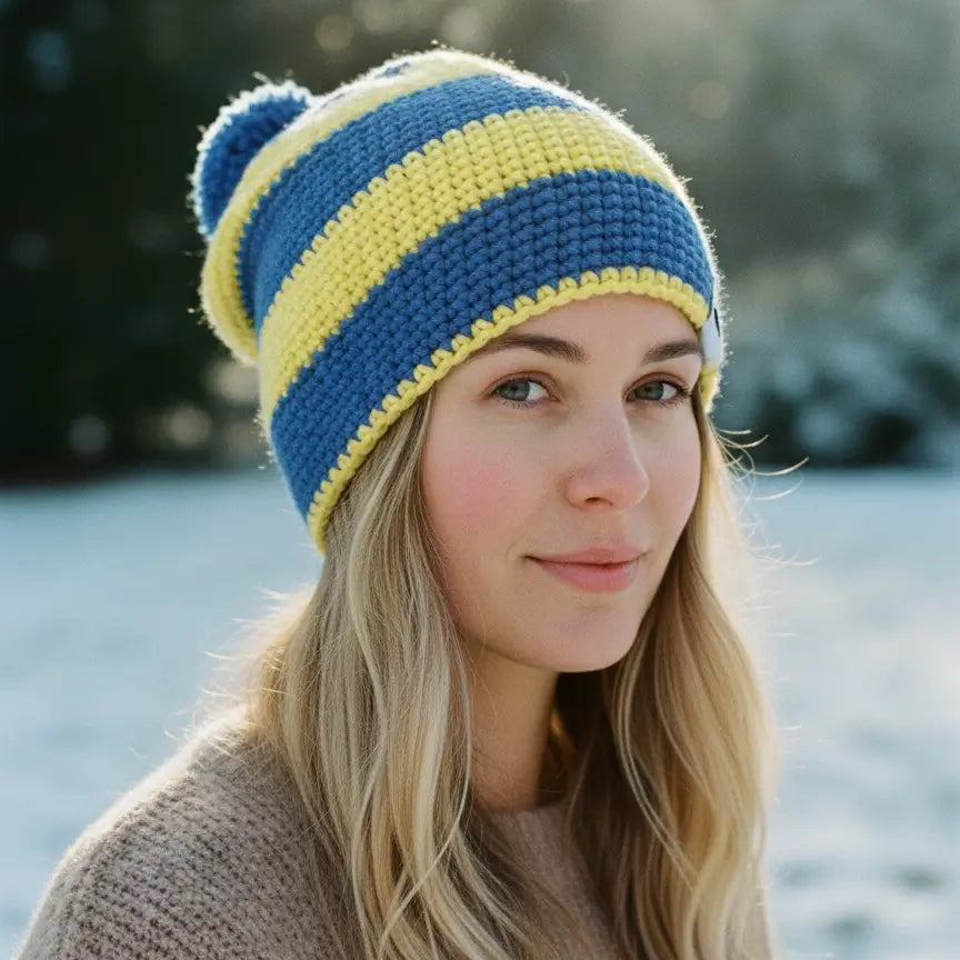 Woman wearing a Zaini brand blue and yellow striped beanie bobble hat