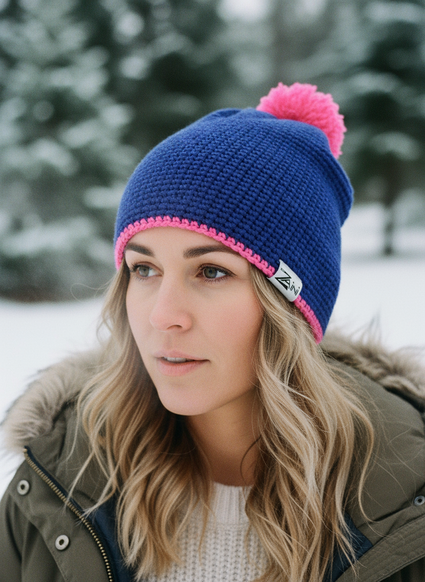 Person wearing a blue and pink beanie with a brand logo in a snowy setting
