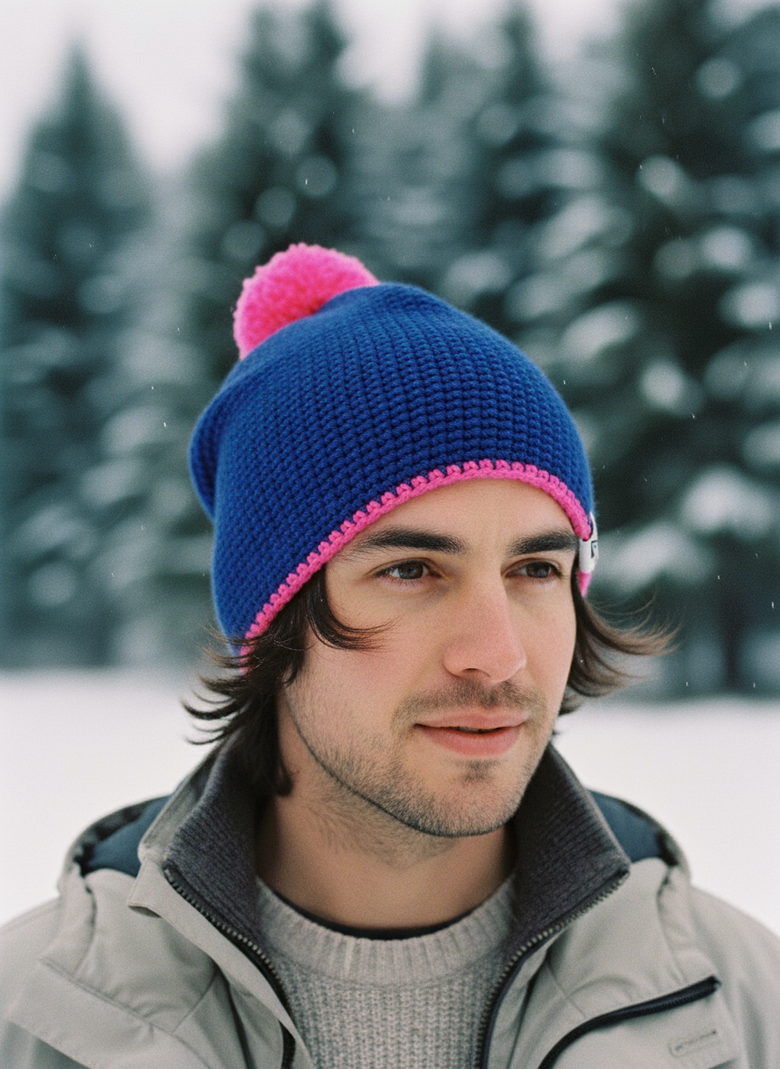 Man wearing a blue knit beanie with a pink pom-pom in a snowy landscape