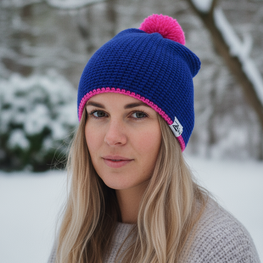 Woman wearing a blue and pink beanie in a snowy outdoor setting
