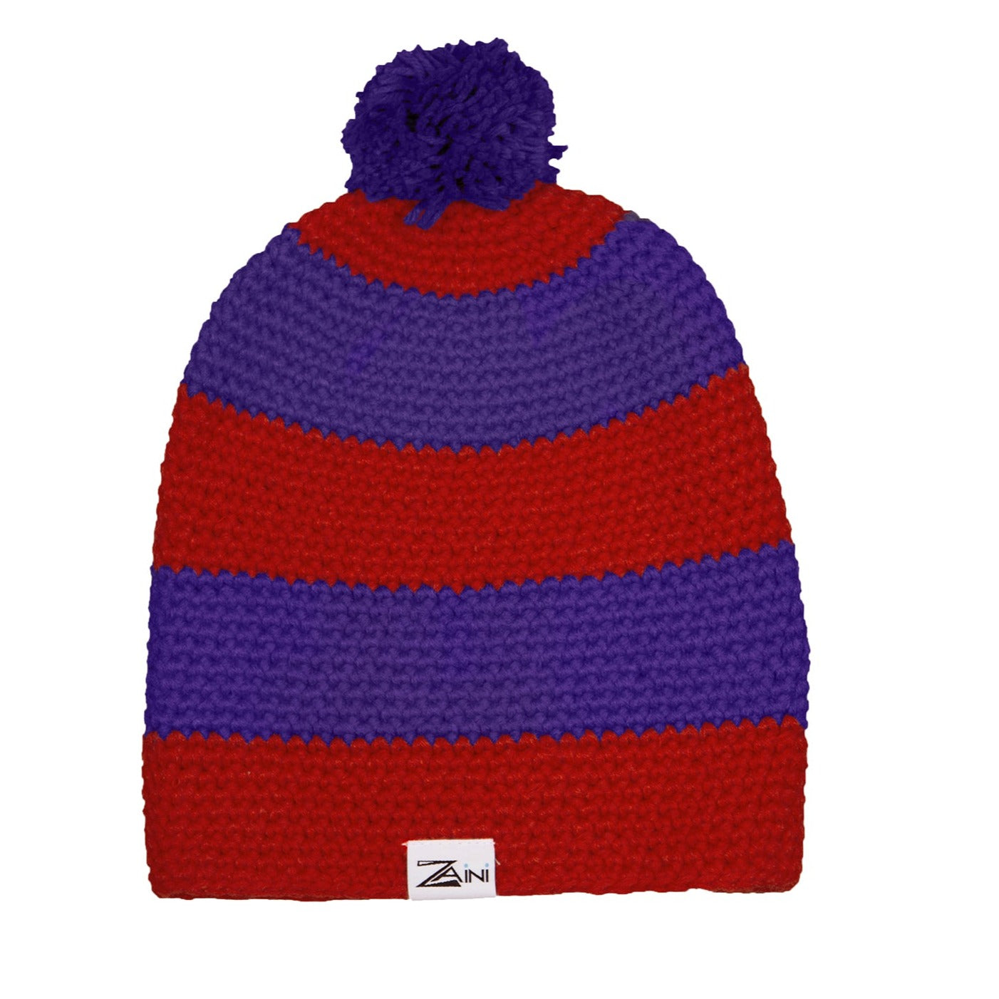 A striped bobble hat with red and purple colors