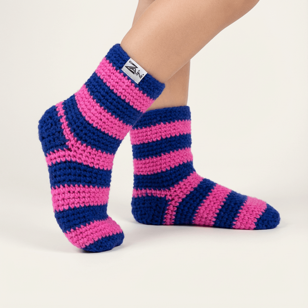 Blue and pink striped socks on a white background