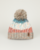 Multicolored knit beanie with a pom-pom on a light gray background
