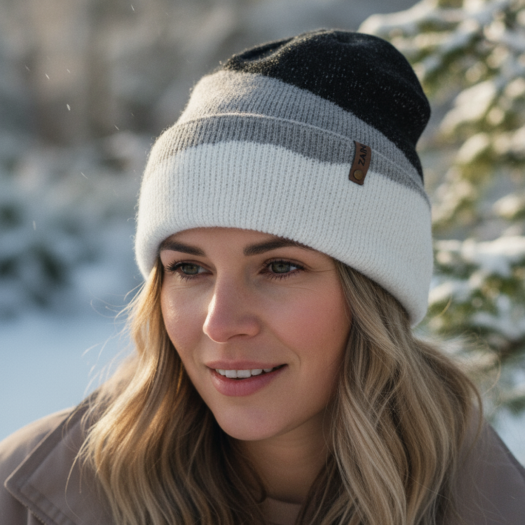 Woman wearing a two-tone beanie in a snowy outdoor setting