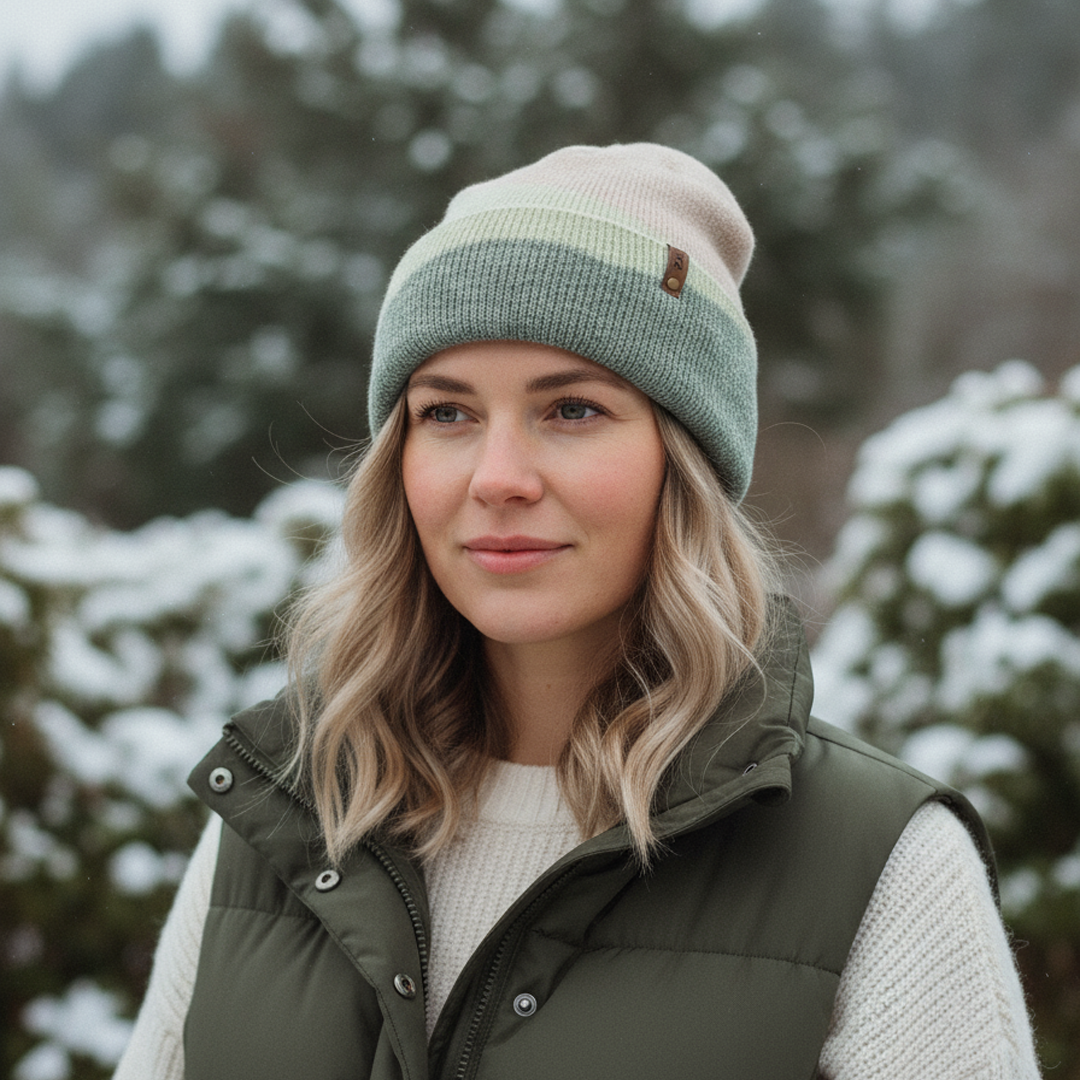 Woman wearing a beanie and puffer vest in a snowy forest setting
