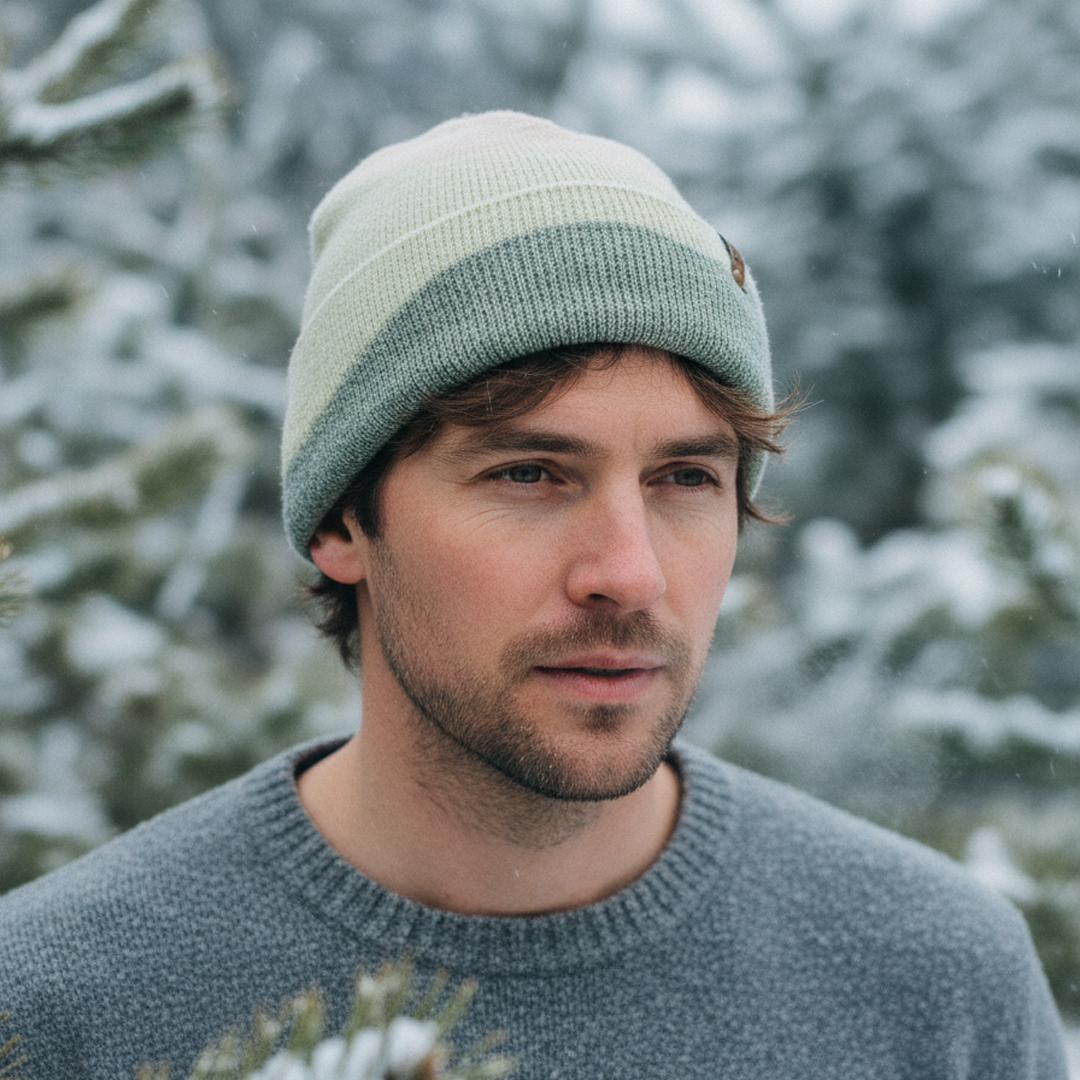 Man wearing a green beanie and sweater standing in a snowy forest