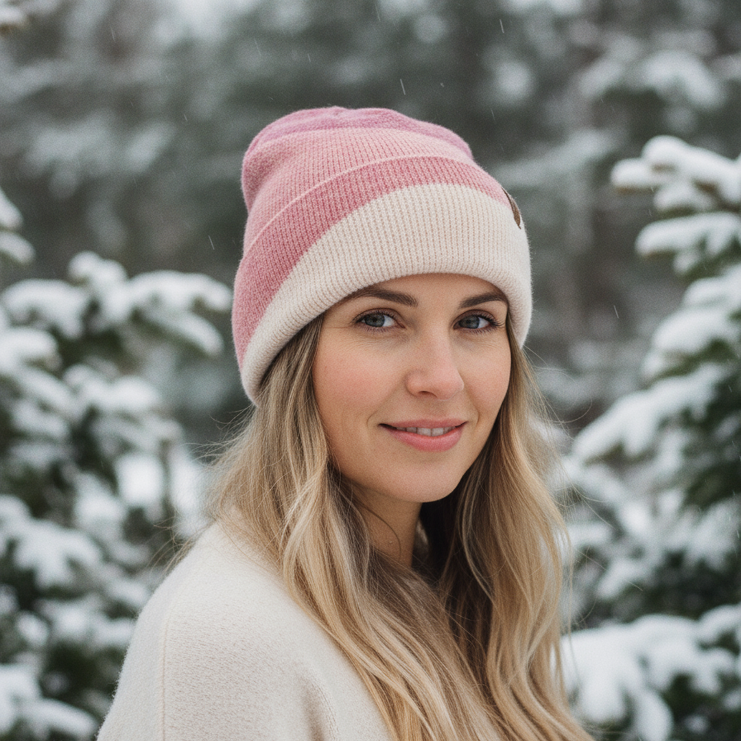 Woman wearing a pink and white beanie in a snowy forest