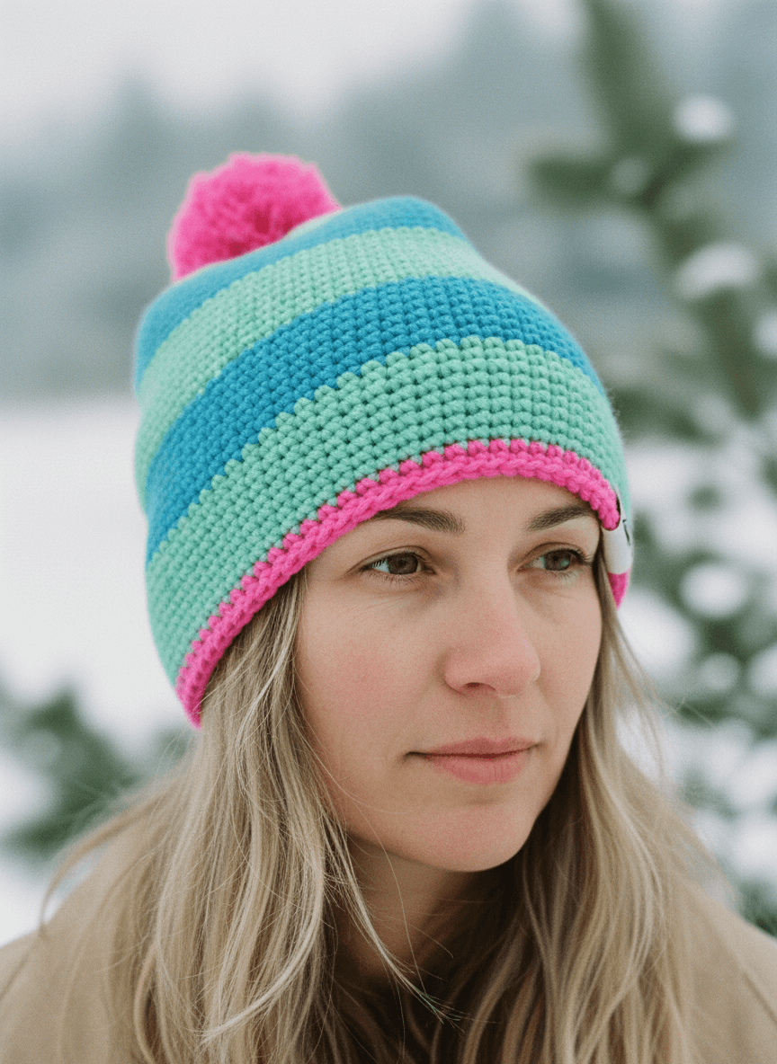 Person wearing a colorful striped beanie with a pom-pom in a snowy landscape
