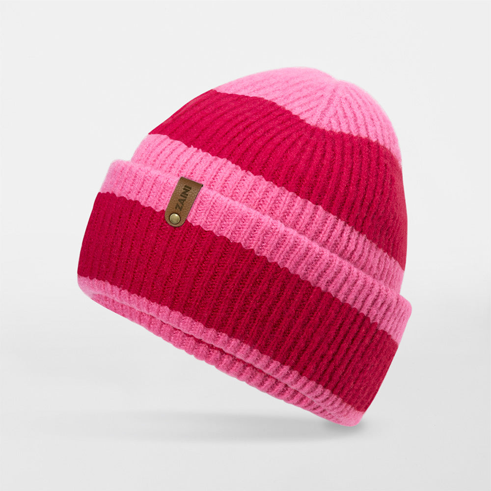 Pink and red striped beanie with a brand logo on a light gray background