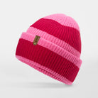 Pink and red striped beanie with a brand logo on a light gray background