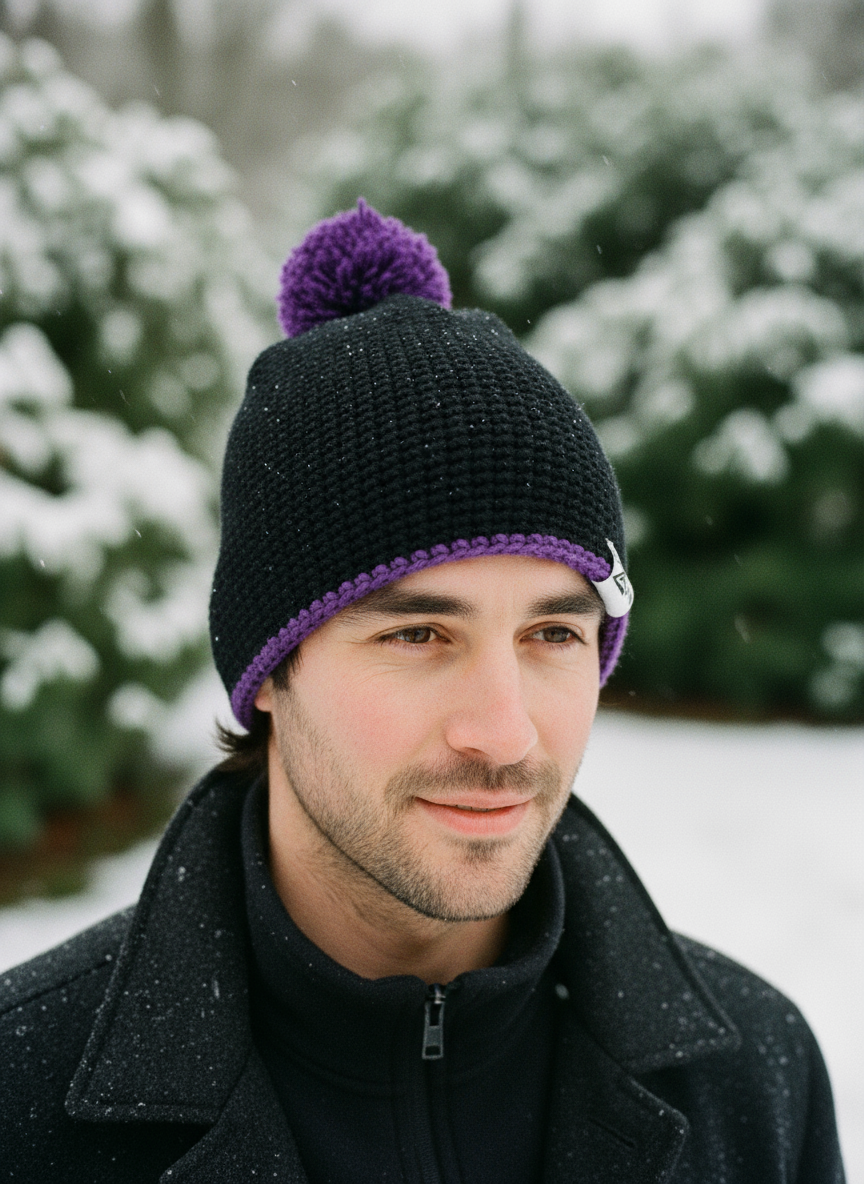 Man wearing a black knit beanie with a purple pom-pom in a snowy outdoor setting