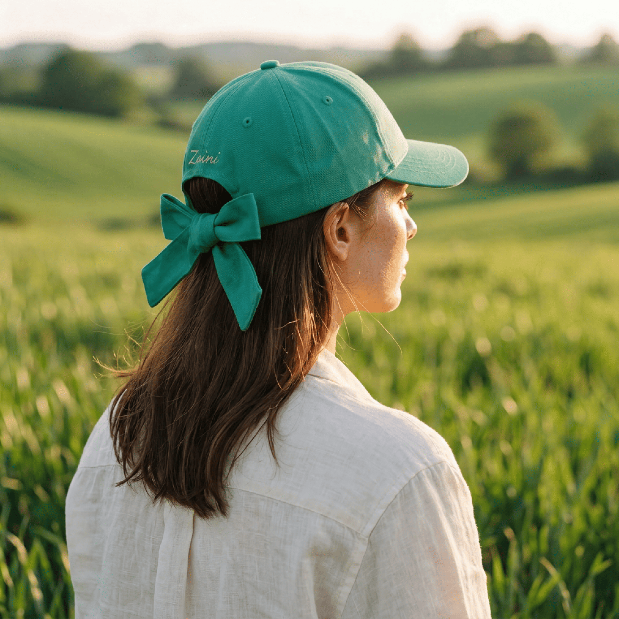 Woman wearing a green cap with a bow in a field