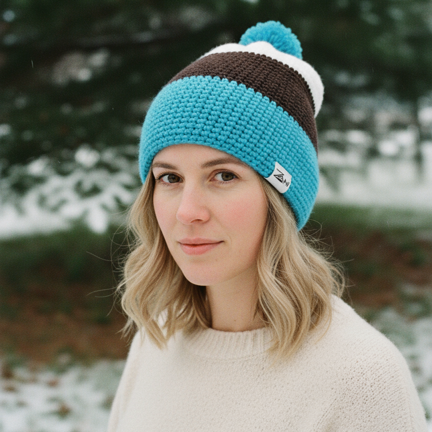 Person wearing a blue and brown striped beanie in a snowy outdoor setting
