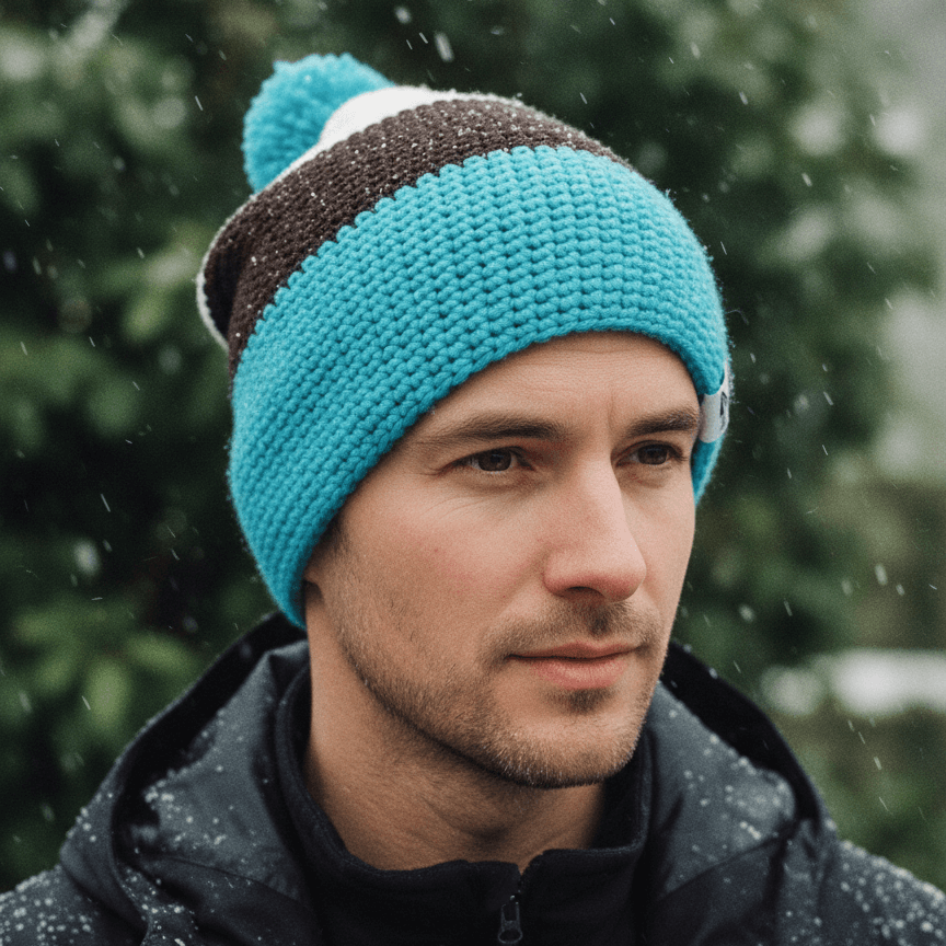 Man wearing a blue and brown knit beanie in a snowy outdoor setting