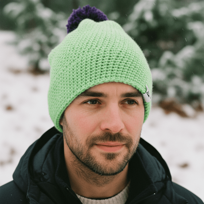 Man wearing a green knit beanie with a purple pom-pom in a snowy forest setting