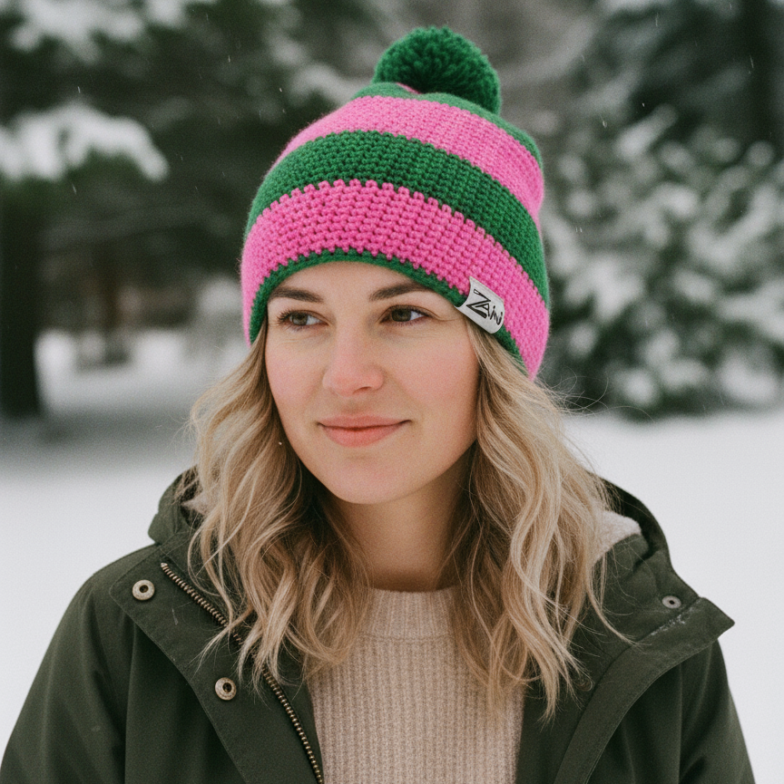Person wearing a pink and green knit beanie in a snowy landscape