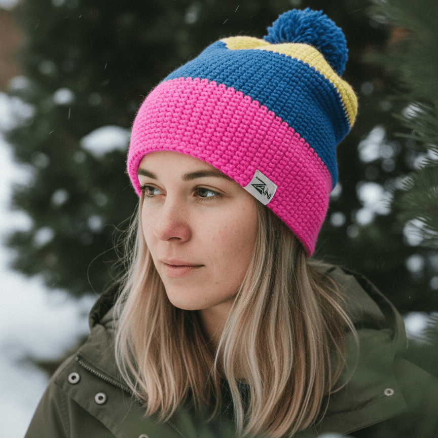Person wearing a colorful knit beanie with a logo in a snowy outdoor setting