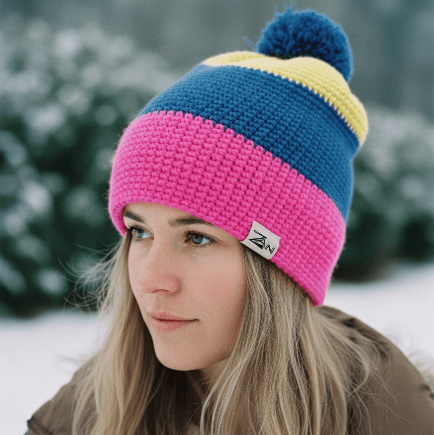 Person wearing a colorful knit beanie with a pom-pom in a snowy landscape