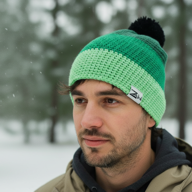 Man wearing a green knit beanie with a pom-pom in a snowy forest setting