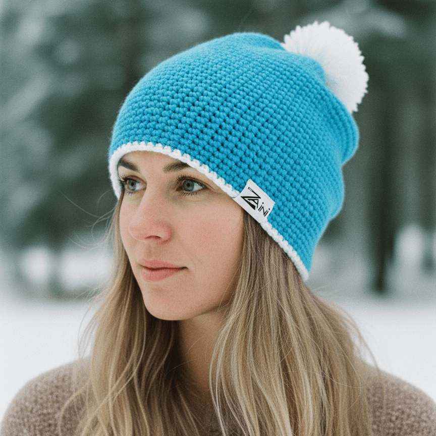 Woman wearing a blue knit beanie with a white pom-pom in a snowy landscape