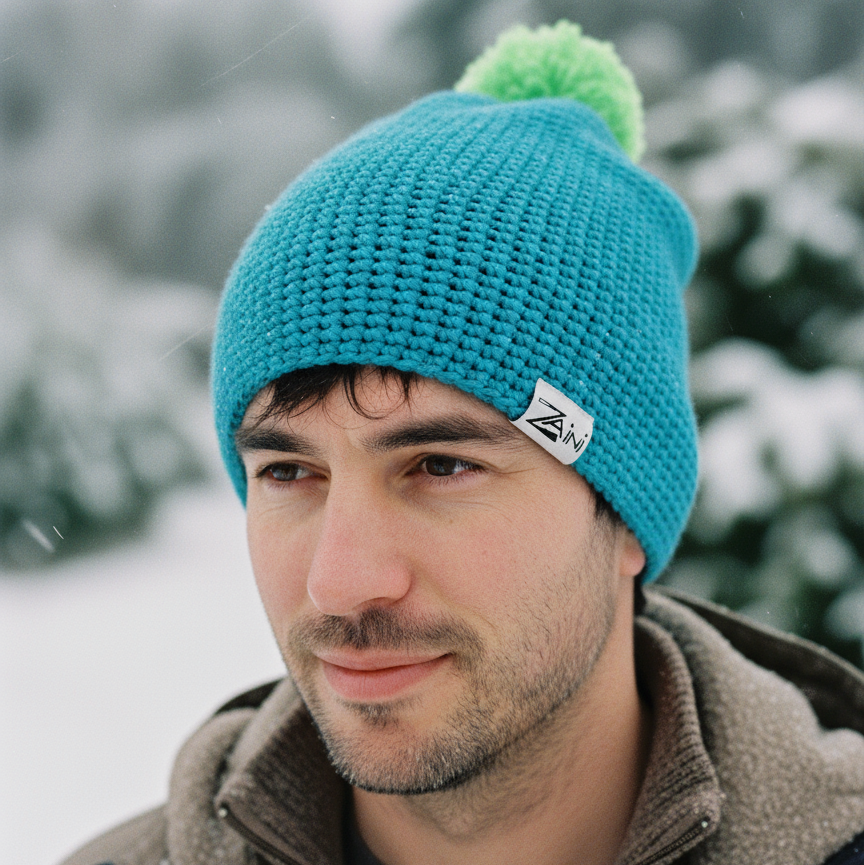 Man wearing a blue knit beanie with a pom-pom in a snowy outdoor setting