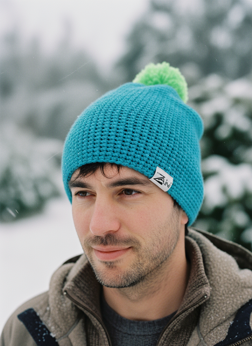 Man wearing a blue knit beanie with a pom-pom in a snowy outdoor setting