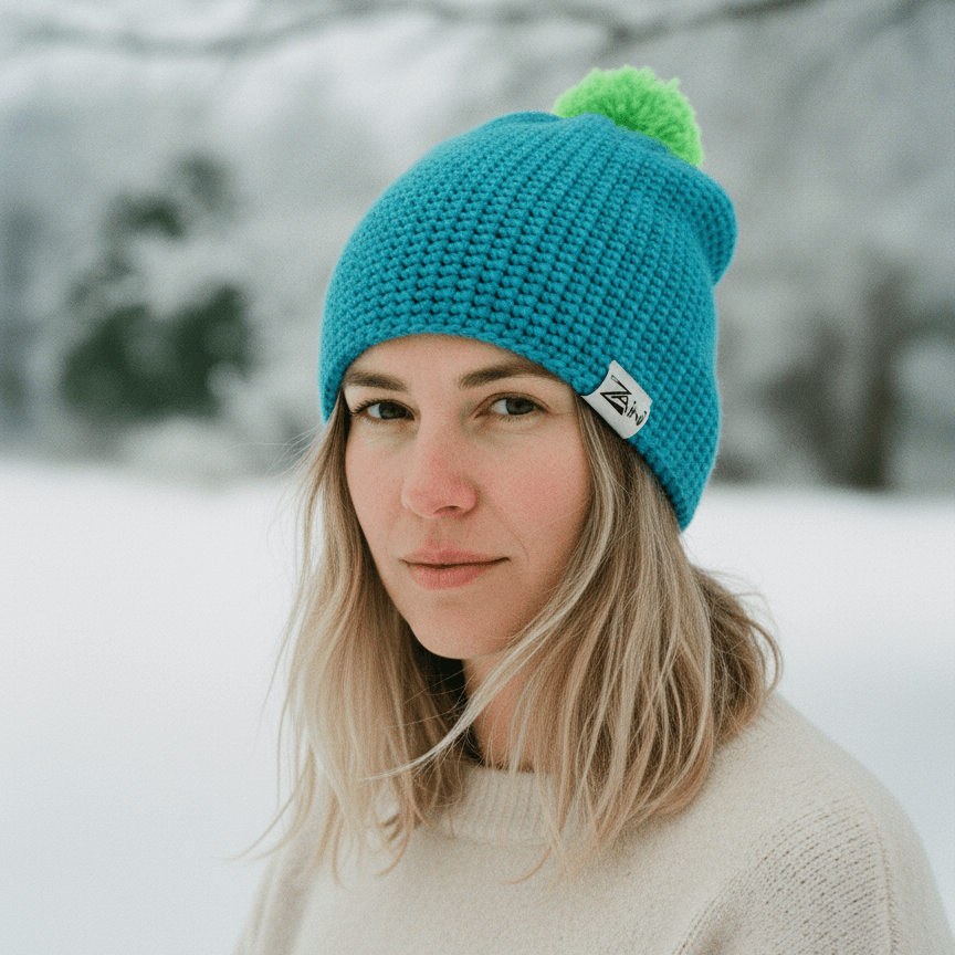 Person wearing a blue knit beanie with a green pom-pom in a snowy landscape