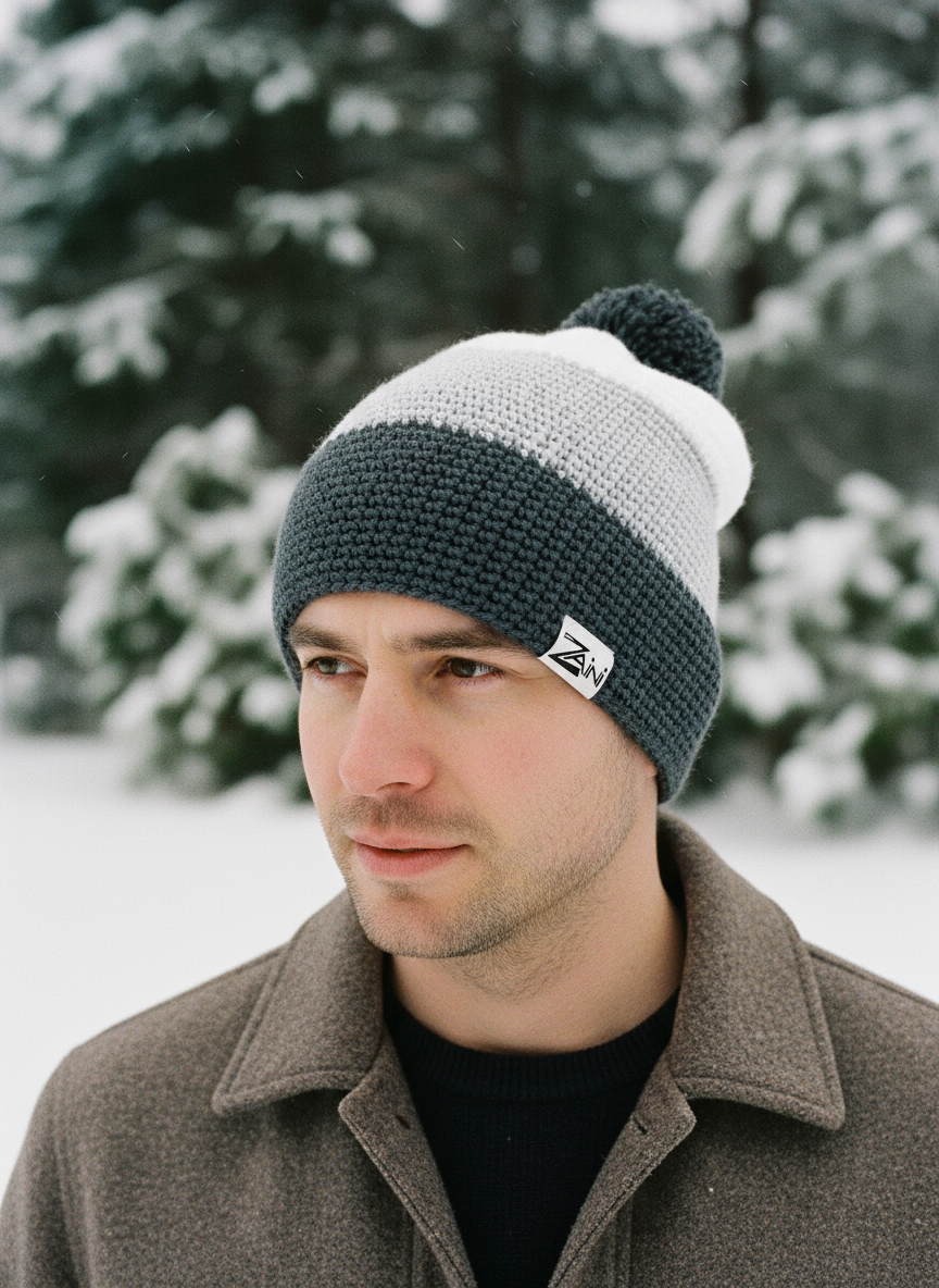 Man wearing a two-tone beanie with a logo in a snowy outdoor setting