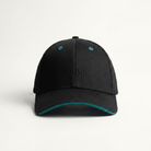 Black cap with teal accents on a white background
