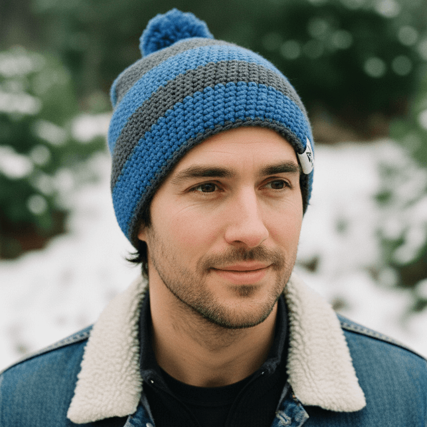 Man wearing a blue and gray beanie with a pom-pom, standing outdoors in a snowy landscape.