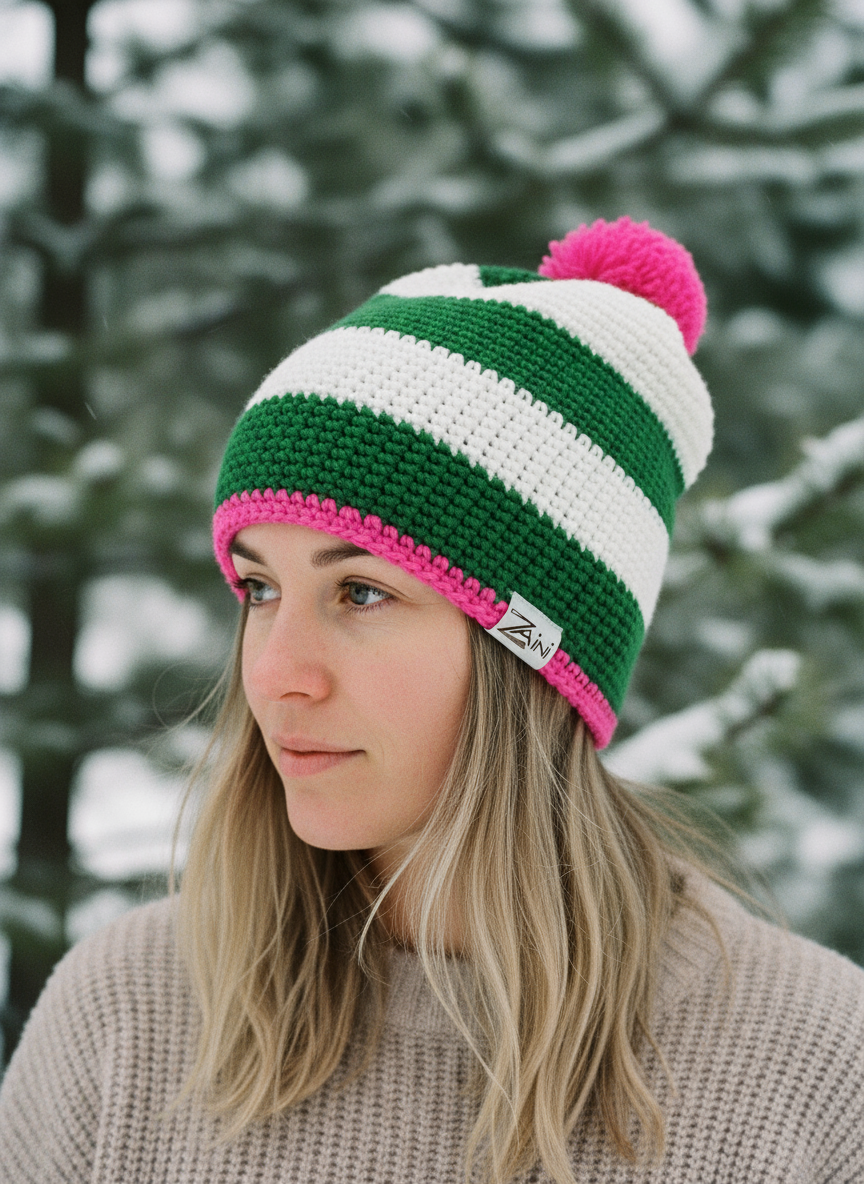 Woman wearing a green and white striped beanie with pink accents in a snowy forest setting