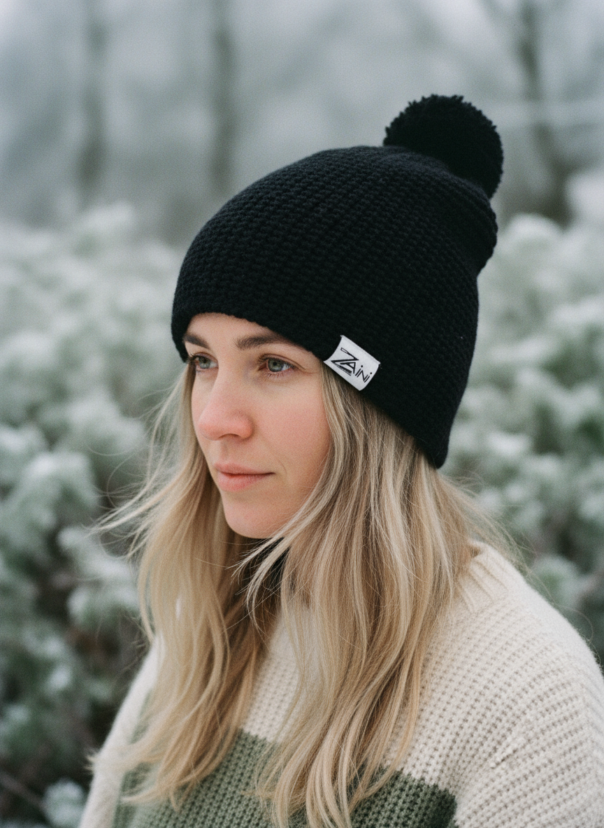Person wearing a black knit beanie with a brand logo in a snowy forest setting