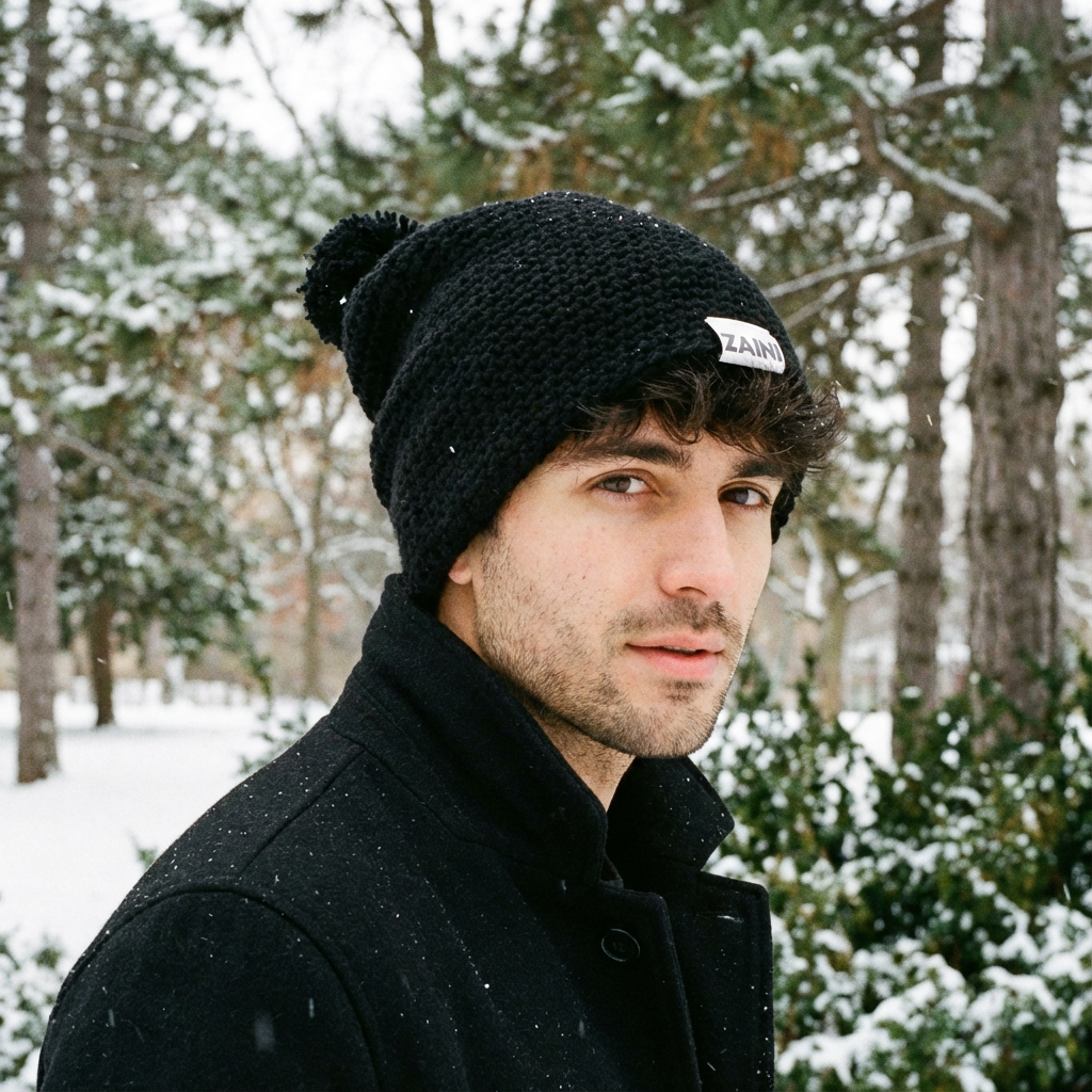 Man wearing a black knit beanie with a brand logo in a snowy forest setting