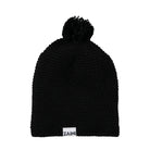 Black knit beanie with pom-pom on a white background