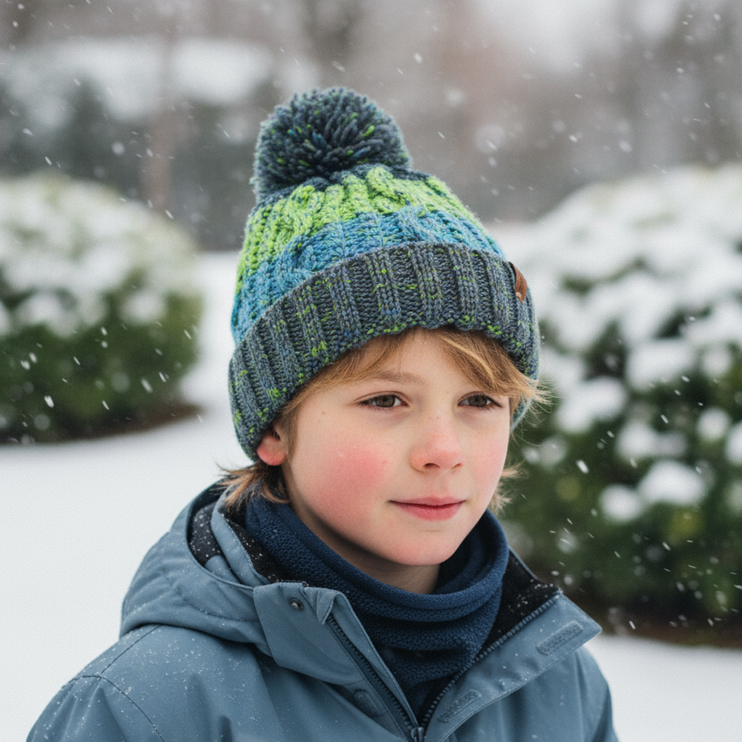 Child wearing a blue and green striped beanie and blue coat in a snowy setting