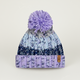 Knitted beanie with a purple pom-pom on a light gray background